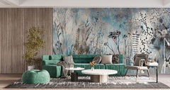 Tapet personalizat floral cu flori de camp in nuante delicate de albastru creand o atmosfera senina si proaspata blue wildflowers