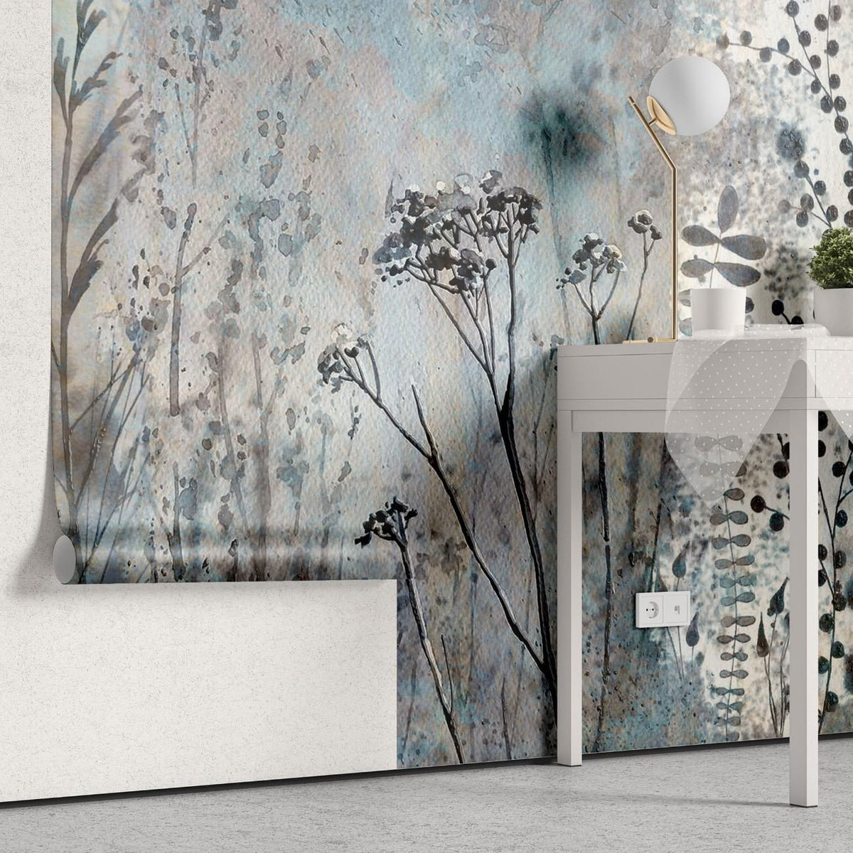 Tapet personalizat floral cu flori de camp in nuante delicate de albastru creand o atmosfera senina si proaspata blue wildflowers