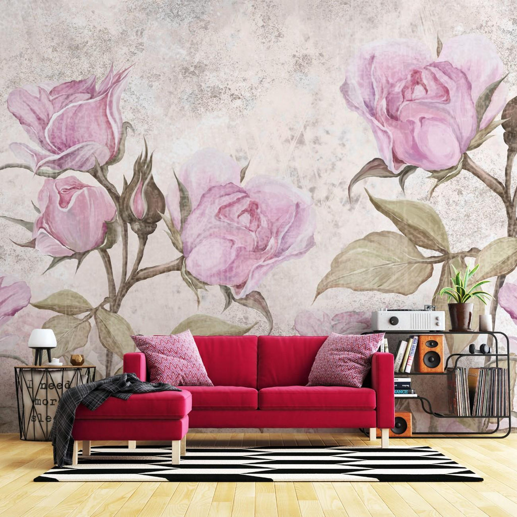 Tapet personalizat floral cu trandafiri roz pe un fundal cu aspect de stucada oferind un aer romantic si vintage pink stucco roses