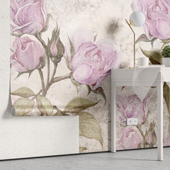 Tapet personalizat floral cu trandafiri roz pe un fundal cu aspect de stucada oferind un aer romantic si vintage pink stucco roses