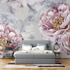 Tapet personalizat floral cu bujori infloriti in tonuri bogate si vibrante emanand eleganta si opulenta bloomed peonies