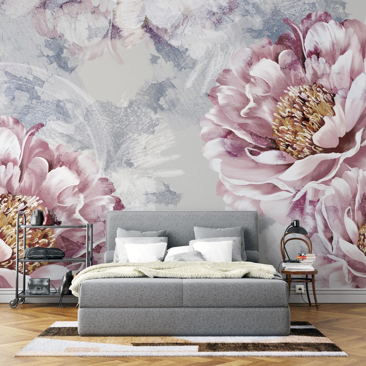 Tapet personalizat floral cu bujori infloriti in tonuri bogate si vibrante emanand eleganta si opulenta bloomed peonies
