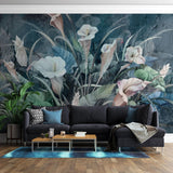 Tapet personalizat floral cu flori de cala aranjate intr un buchet in tonuri intunecate creand o imagine sofisticata si plina de profunzime cala bouquet dark