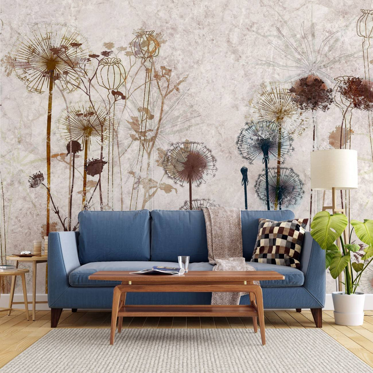 Tapet personalizat floral cu o ilustratie a unei flori de papadie in nuante de sienna aducand o nota de delicatete si o caldura pamantie sienna dandelion