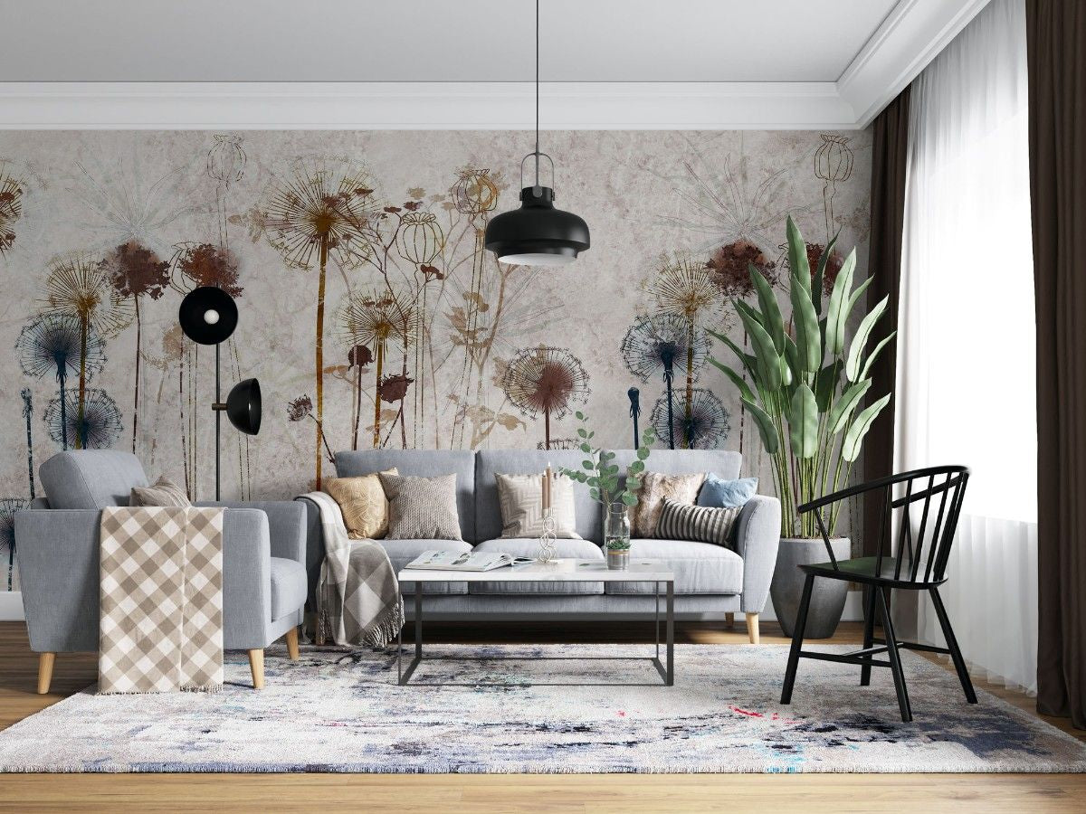 Tapet personalizat floral cu o ilustratie a unei flori de papadie in nuante de sienna aducand o nota de delicatete si o caldura pamantie sienna dandelion