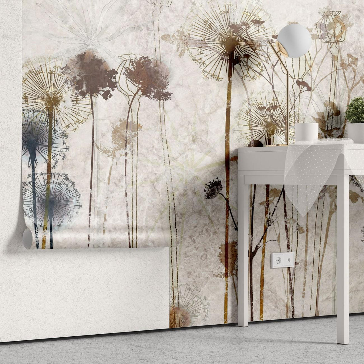 Tapet personalizat floral cu o ilustratie a unei flori de papadie in nuante de sienna aducand o nota de delicatete si o caldura pamantie sienna dandelion