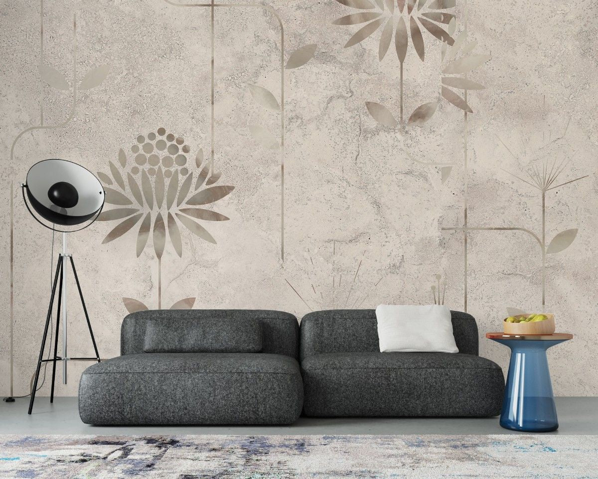 Tapet personalizat floral cu flori minimalist stilizate pe un fundal cu aspect de stucada pentru un design modern si aerisit minimalist stucco flowers