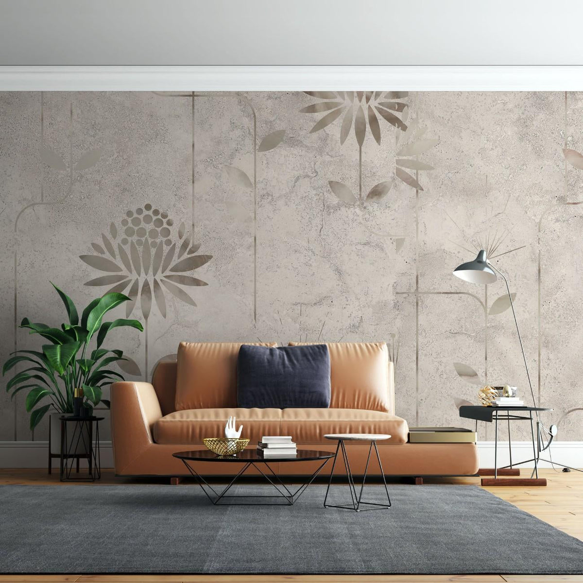 Tapet personalizat floral cu flori minimalist stilizate pe un fundal cu aspect de stucada pentru un design modern si aerisit minimalist stucco flowers