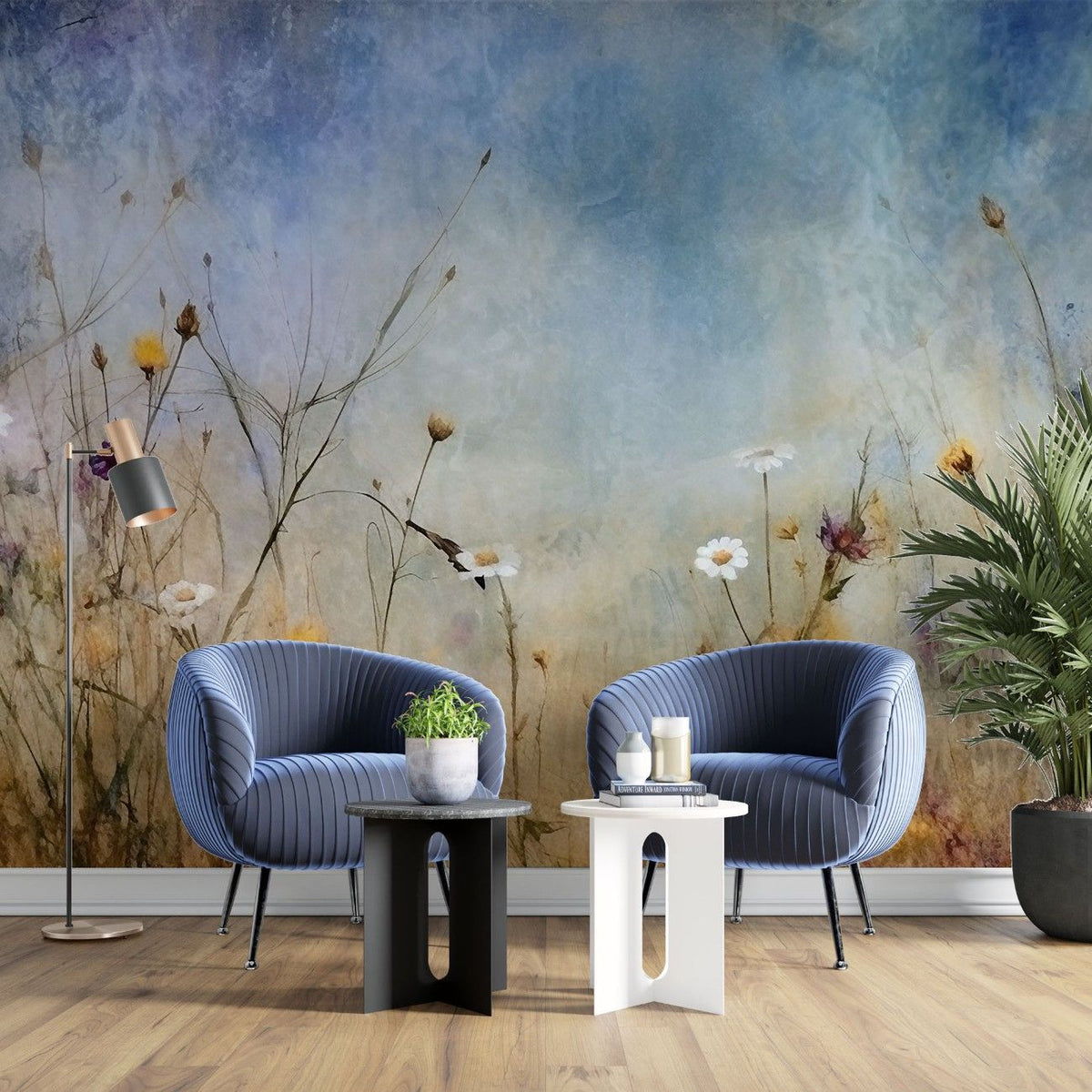 Tapet personalizat floral cu flori de camp pictate in tonuri intunecate ce aduc o nota de mister si o eleganta rustica painted wildflowers dark
