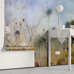 Tapet personalizat floral cu flori de camp pictate in tonuri intunecate ce aduc o nota de mister si o eleganta rustica painted wildflowers dark