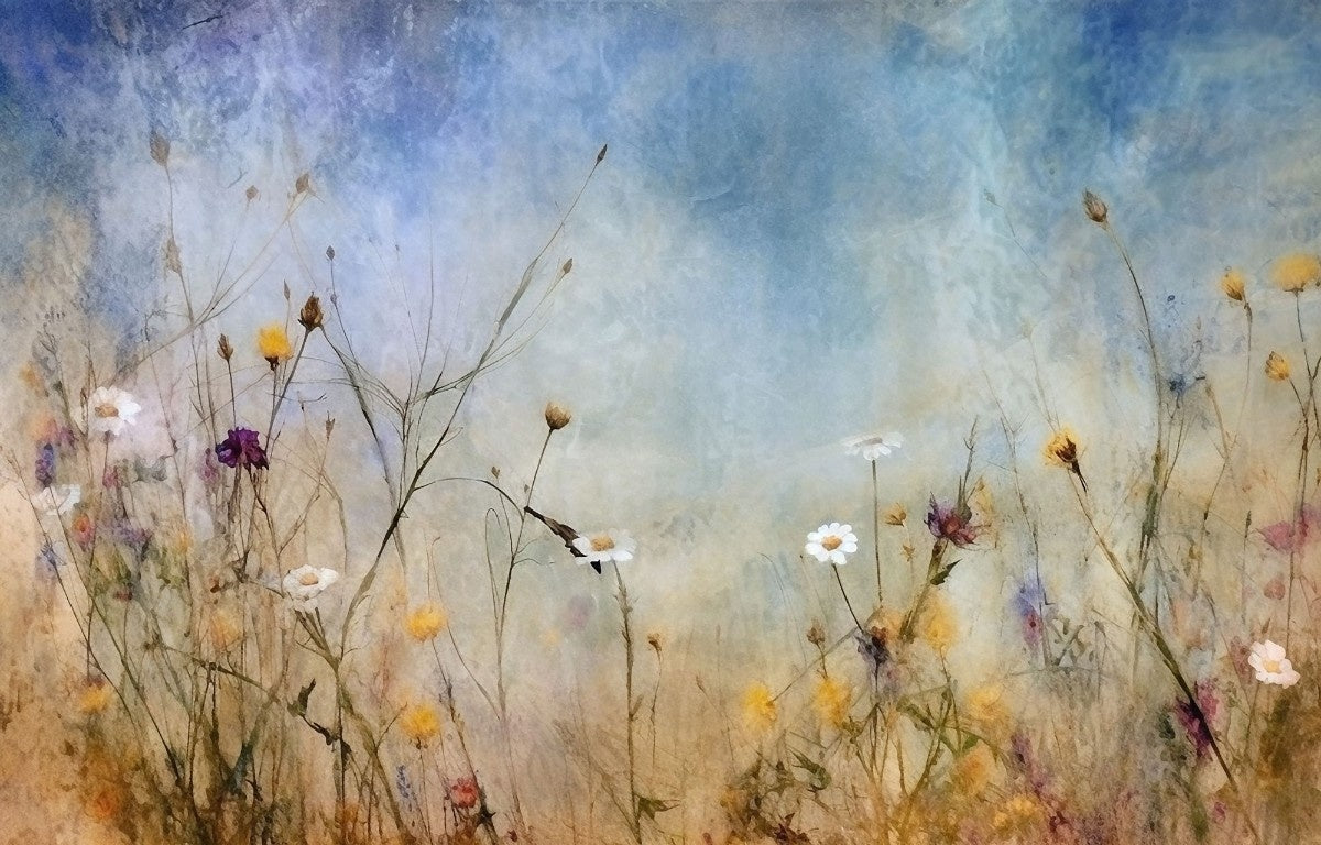 Tapet personalizat floral cu flori de camp pictate in tonuri intunecate ce aduc o nota de mister si o eleganta rustica painted wildflowers dark