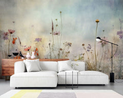 Tapet personalizat floral cu flori de camp pictate in nuante deschise ce aduc o nota de prospetime si o eleganta rustica painted wildflowers light