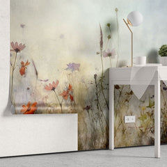 Tapet personalizat floral cu flori de camp pictate in nuante deschise ce aduc o nota de prospetime si o eleganta rustica painted wildflowers light