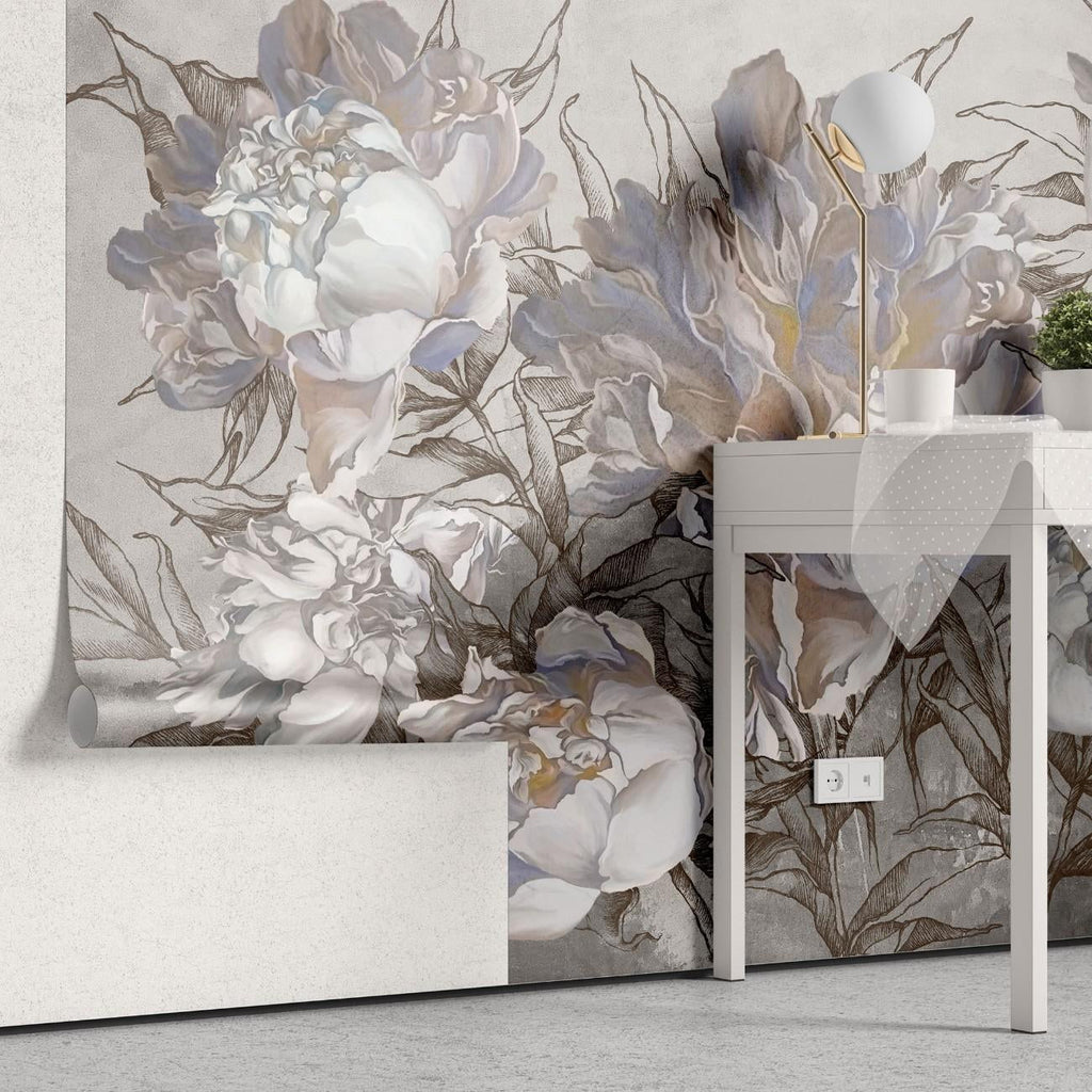 Tapet personalizat floral cu flori de bujor intr un stil artistic cu petale ample si culori vibrante emanand eleganta si creativitate artsy peonies