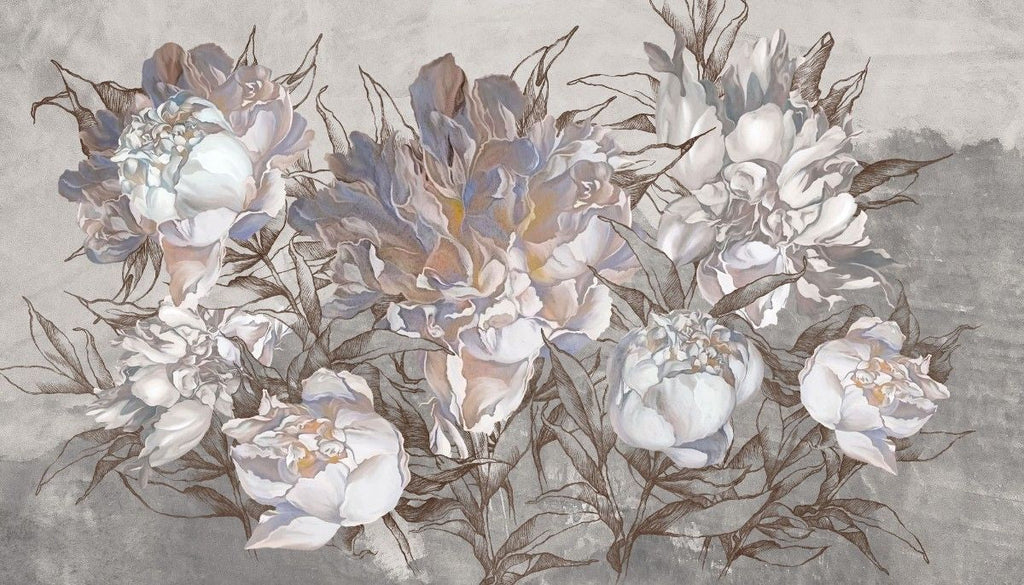 Tapet personalizat floral cu flori de bujor intr un stil artistic cu petale ample si culori vibrante emanand eleganta si creativitate artsy peonies