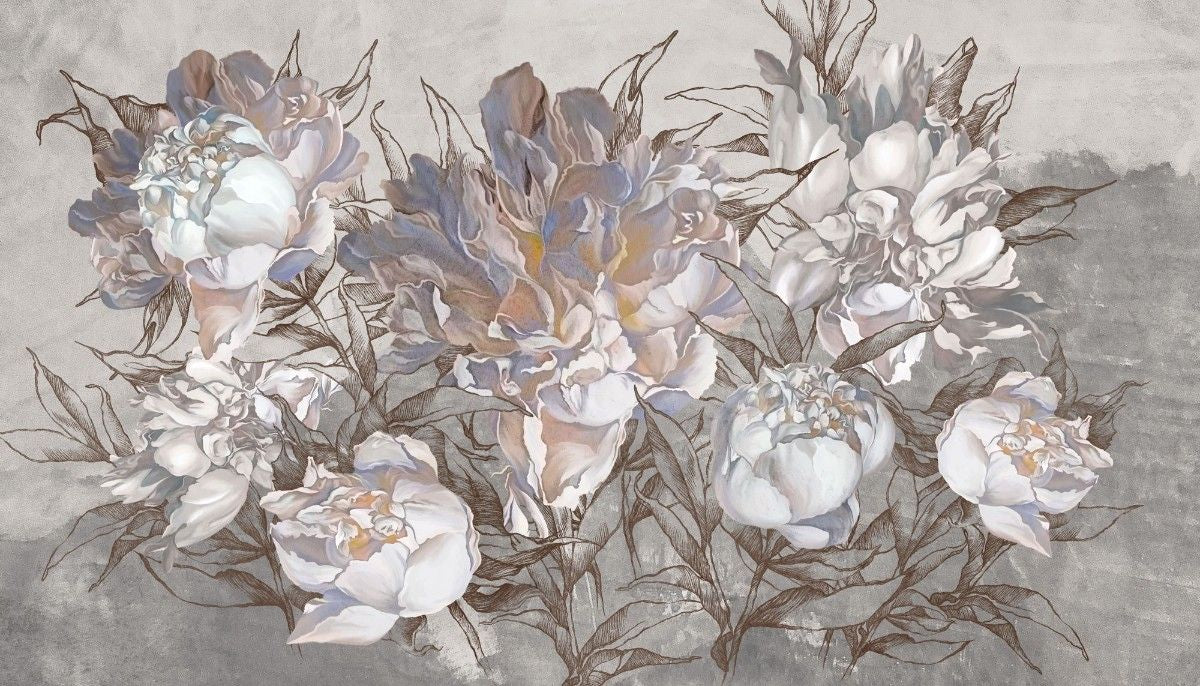 Tapet personalizat floral cu flori de bujor intr un stil artistic cu petale ample si culori vibrante emanand eleganta si creativitate artsy peonies