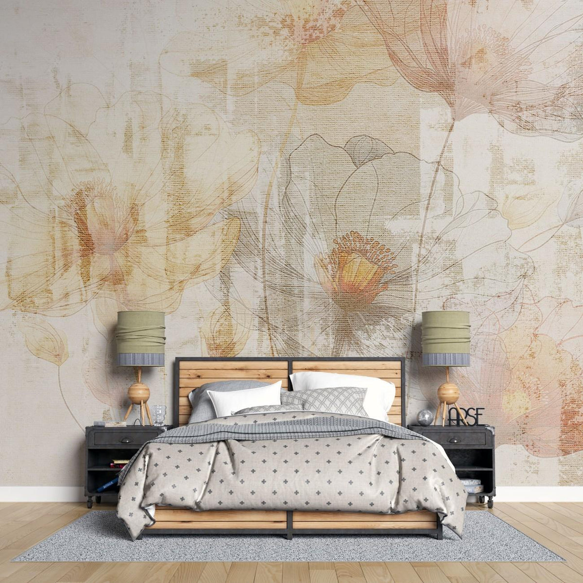 Tapet personalizat floral cu flori stilizate cu o textura ce aminteste de in oferind un aspect natural si o senzatie calda linen flowers