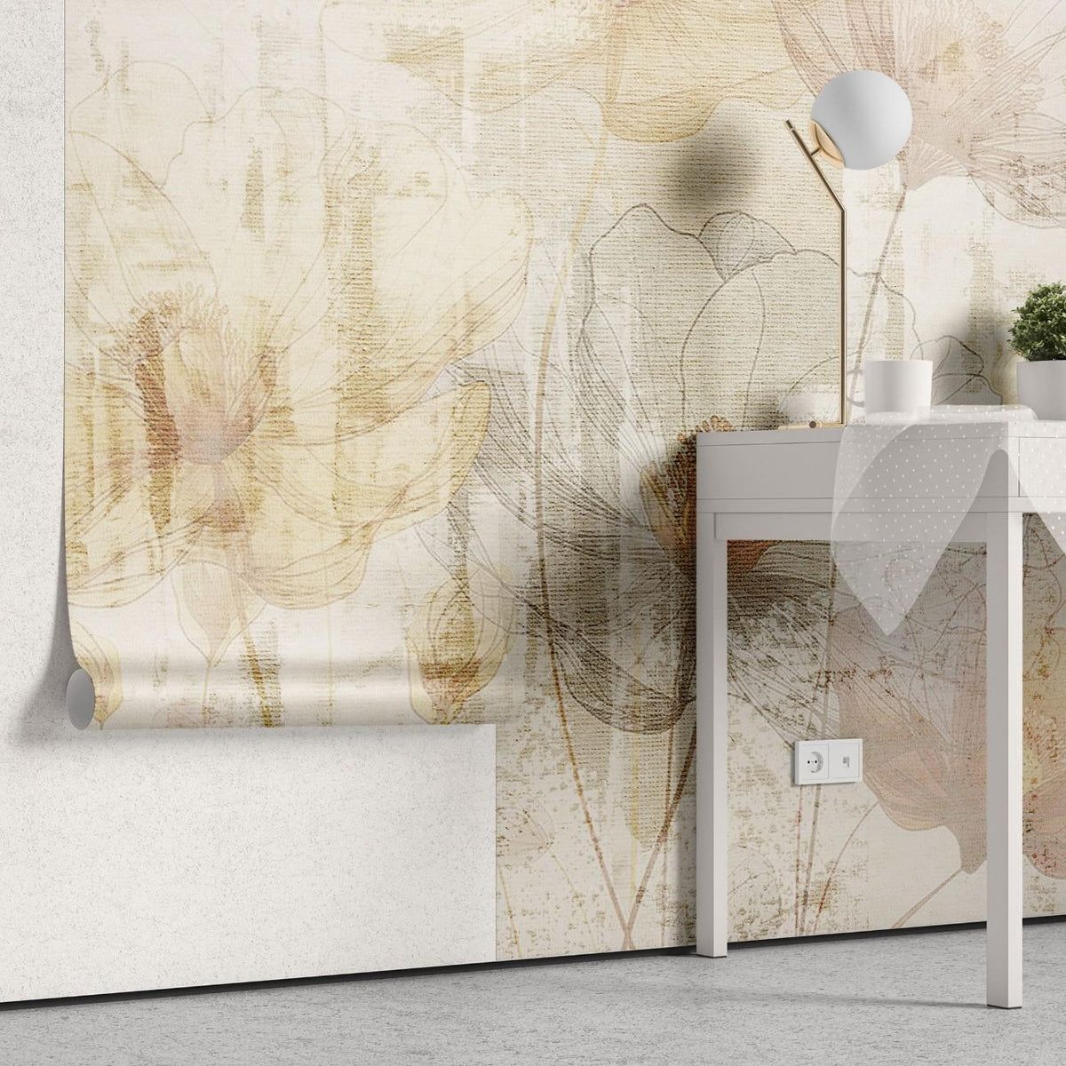 Tapet personalizat floral cu flori stilizate cu o textura ce aminteste de in oferind un aspect natural si o senzatie calda linen flowers