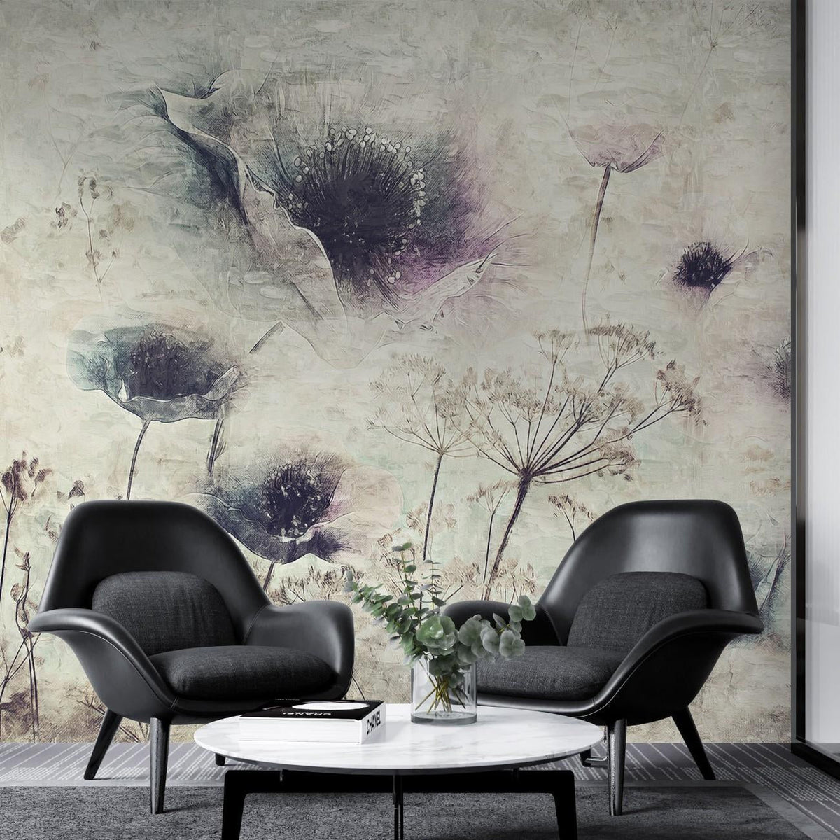 Tapet personalizat floral cu o ilustratie a unei flori in stil acuarela cu un efect de cerneala ce se difuzeaza aducand un plus de originalitate ink bloom