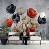 Tapet personalizat floral cu flori de lalea in nuante de negru si rosu creand un contrast puternic si o declaratie de stil indrazneata black 'n red tulips