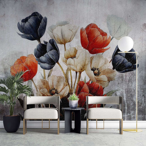 Tapet personalizat floral cu flori de lalea in nuante de negru si rosu creand un contrast puternic si o declaratie de stil indrazneata black 'n red tulips