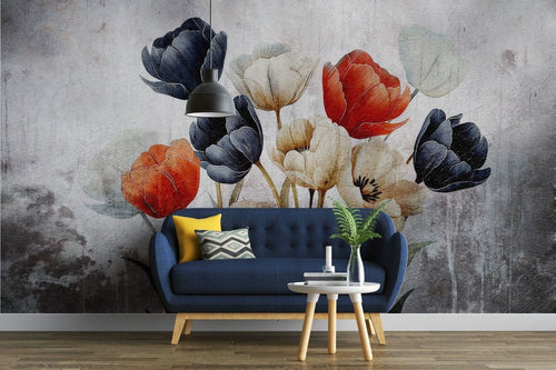 Tapet personalizat floral cu flori de lalea in nuante de negru si rosu creand un contrast puternic si o declaratie de stil indrazneata black 'n red tulips