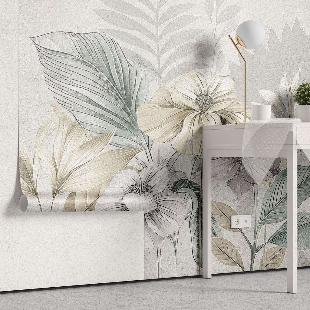 Tapet personalizat floral cu flori stilizate pe un fundal cu aspect de finisaj stucco in tonuri pastelate pentru un decor elegant si subtil soft stucco flowers