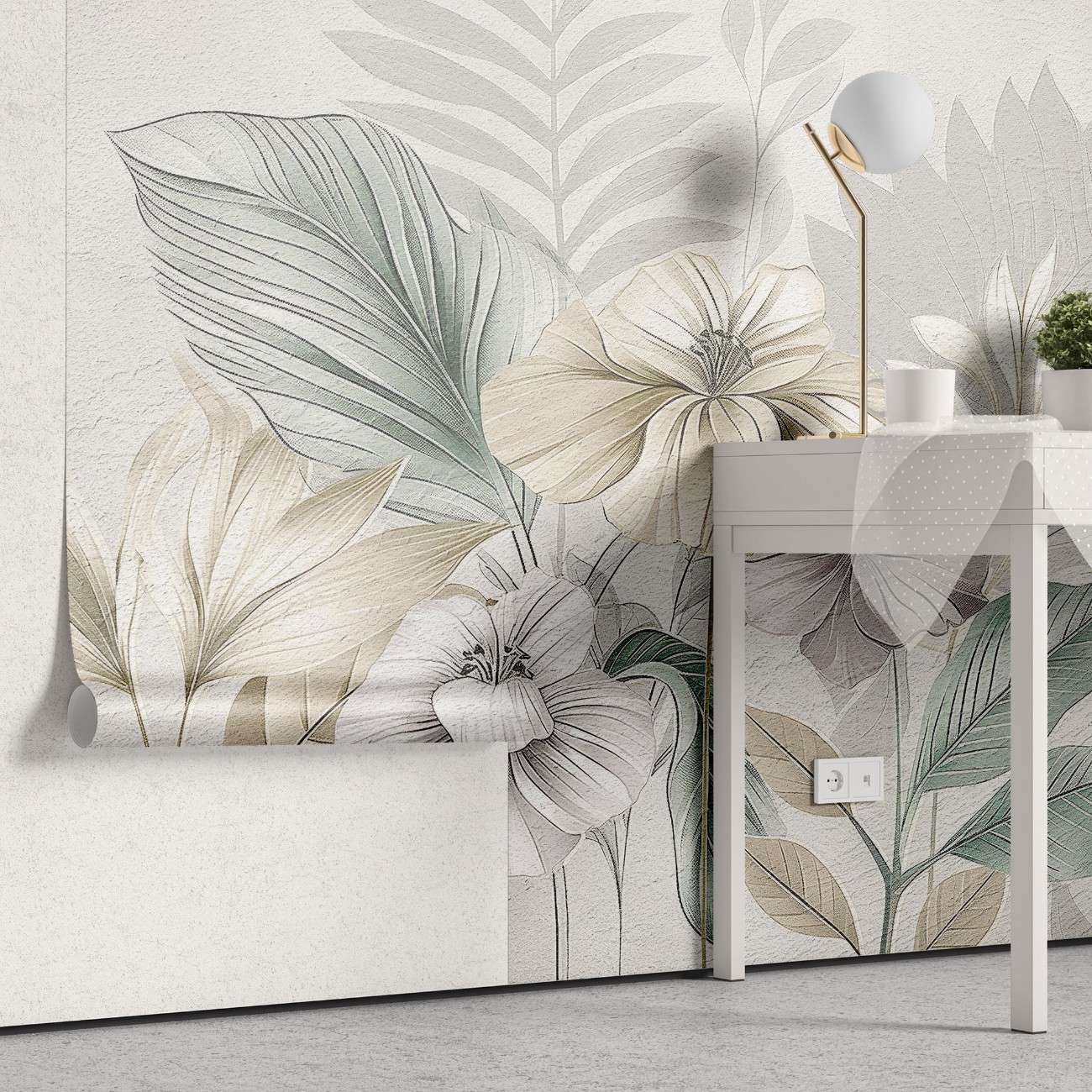 Tapet personalizat floral cu flori stilizate pe un fundal cu aspect de finisaj stucco in tonuri pastelate pentru un decor elegant si subtil soft stucco flowers
