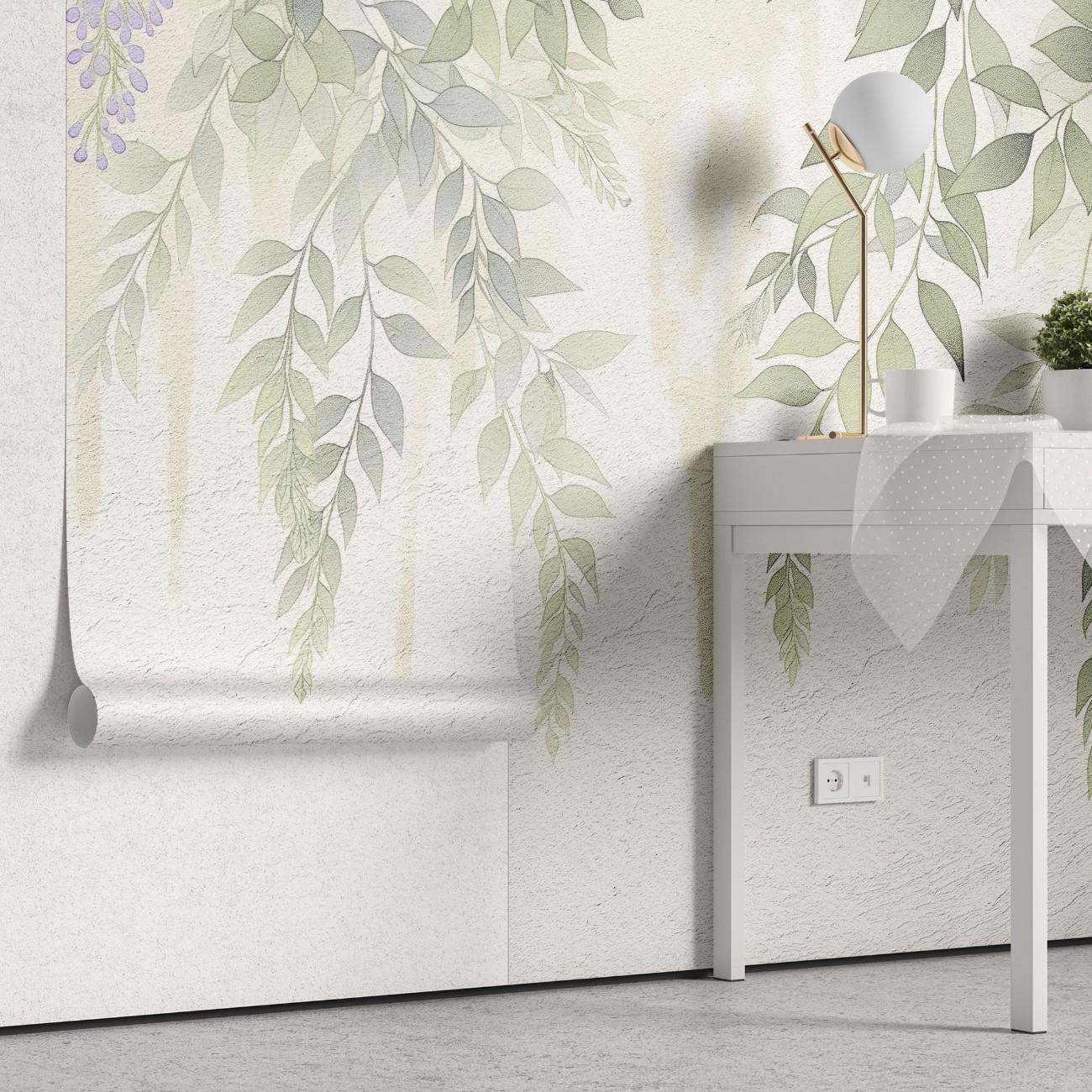 Tapet personalizat floral cu flori de wisteria in nuante delicate creand o cascada vizuala ce aduce un sentiment de liniste si armonie soft wisteria