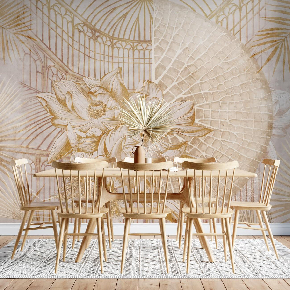 Tapet personalizat floral cu flori si frunze tropicale in tonuri aurii evocand un sentiment de oaza exotica si lux golden oasis