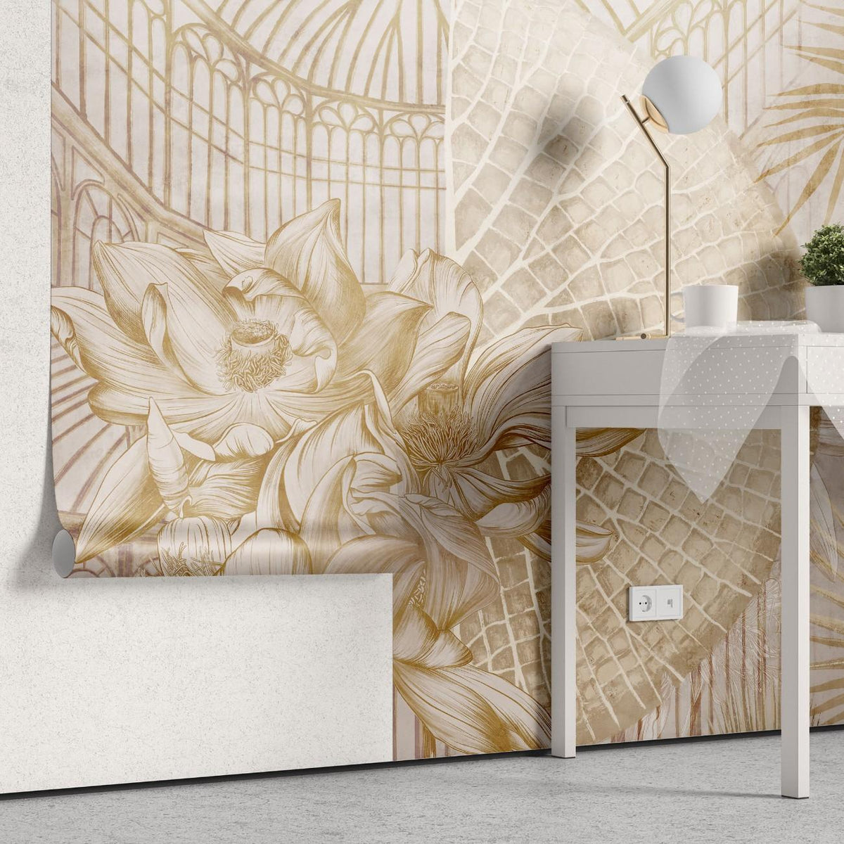 Tapet personalizat floral cu flori si frunze tropicale in tonuri aurii evocand un sentiment de oaza exotica si lux golden oasis