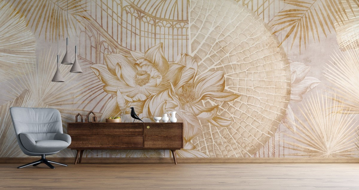 Tapet personalizat floral cu flori si frunze tropicale in tonuri aurii evocand un sentiment de oaza exotica si lux golden oasis