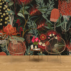 Tapet personalizat floral cu un model repetitiv de flori de ciulin in nuante de rosu oferind un design indraznet si artistic red thistle pattern