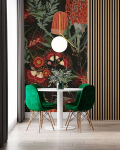 Tapet personalizat floral cu un model repetitiv de flori de ciulin in nuante de rosu oferind un design indraznet si artistic red thistle pattern