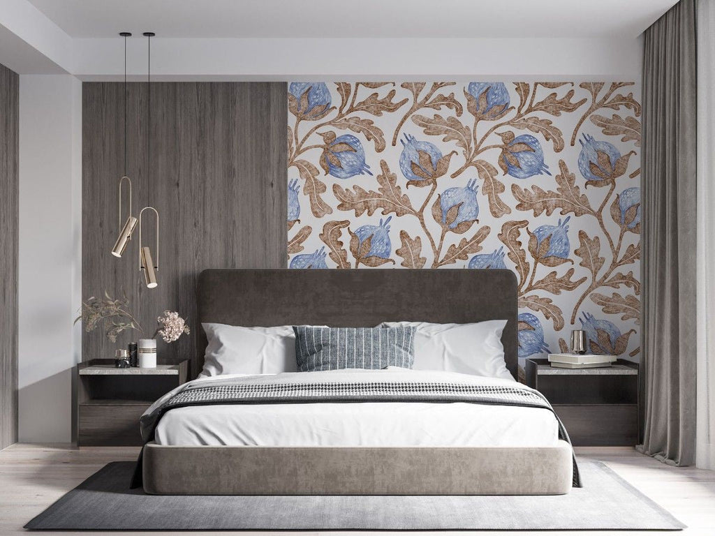 Tapet personalizat floral cu flori de bumbac in nuante delicate de albastru creand o atmosfera lejera si relaxanta blue cotton