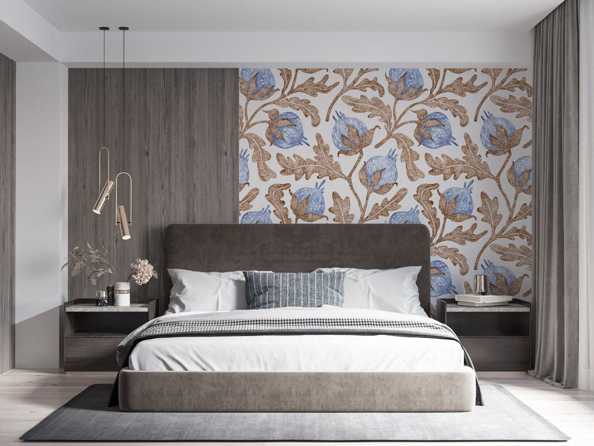 Tapet personalizat floral cu flori de bumbac in nuante delicate de albastru creand o atmosfera lejera si relaxanta blue cotton