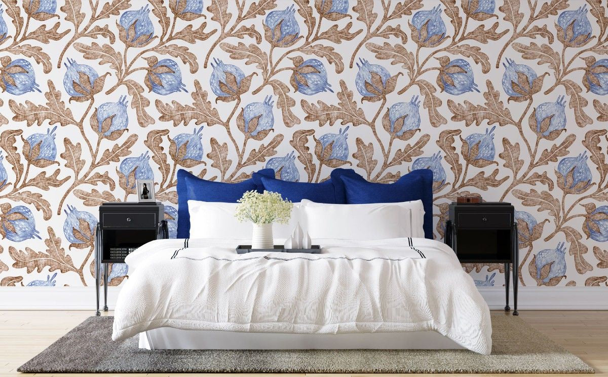 Tapet personalizat floral cu flori de bumbac in nuante delicate de albastru creand o atmosfera lejera si relaxanta blue cotton