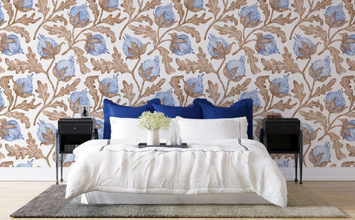 Tapet personalizat floral cu flori de bumbac in nuante delicate de albastru creand o atmosfera lejera si relaxanta blue cotton