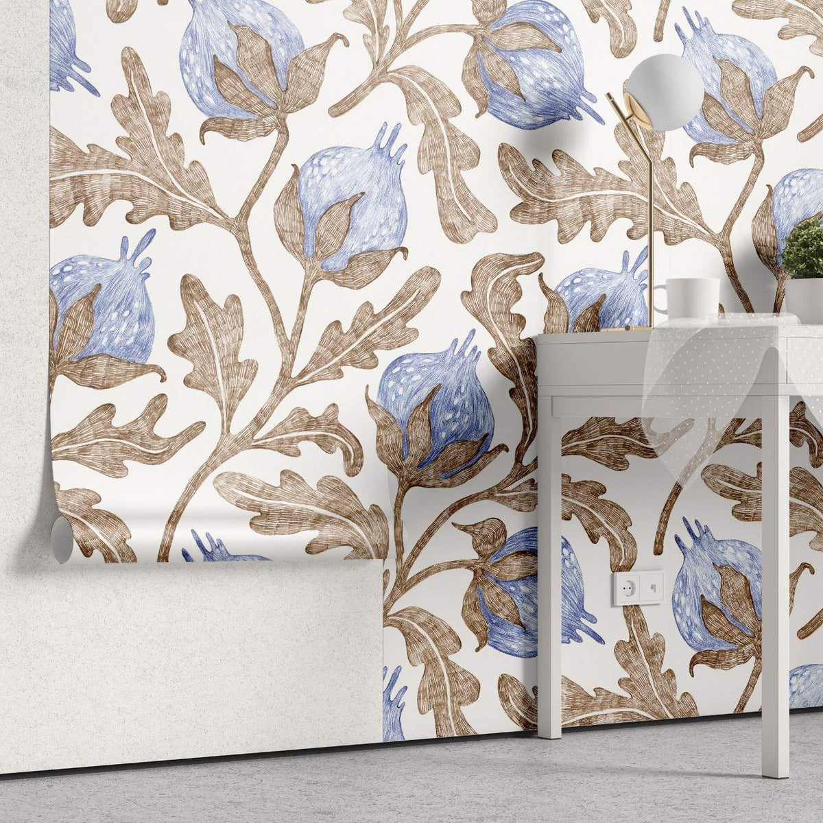 Tapet personalizat floral cu flori de bumbac in nuante delicate de albastru creand o atmosfera lejera si relaxanta blue cotton
