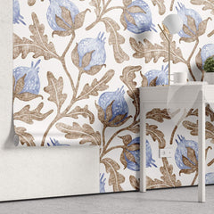 Tapet personalizat floral cu flori de bumbac in nuante delicate de albastru creand o atmosfera lejera si relaxanta blue cotton