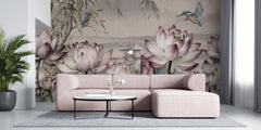 Tapet Personalizat Floral cu flori de lotus si pasari in zbor - LOTUS SEED PODS