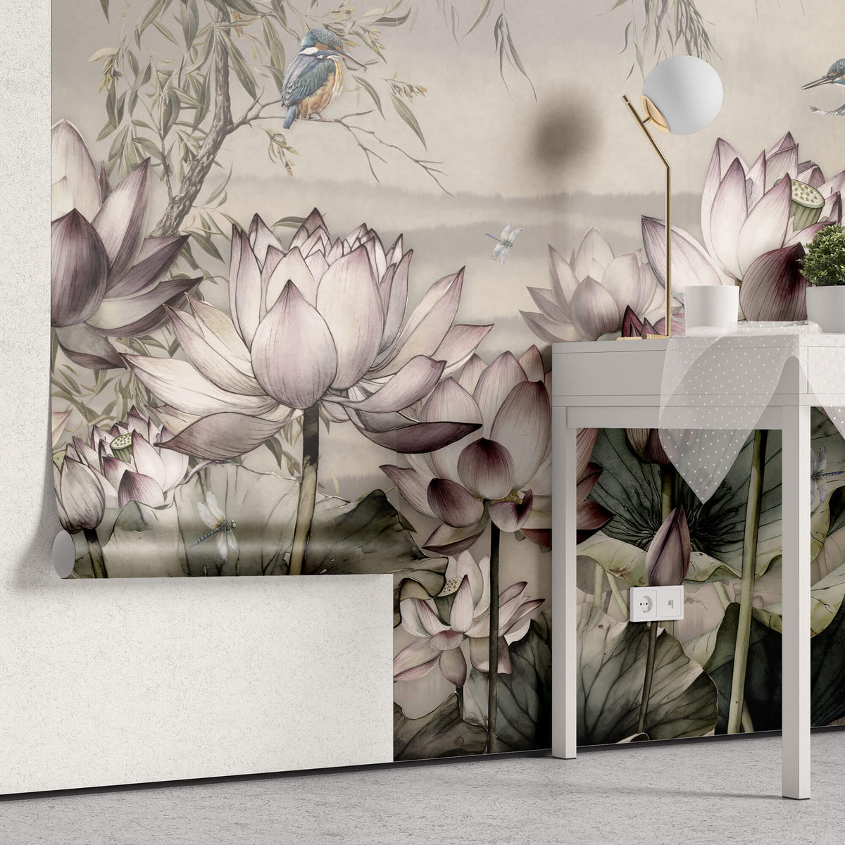 Tapet Personalizat Floral cu flori de lotus si pasari in zbor - LOTUS SEED PODS