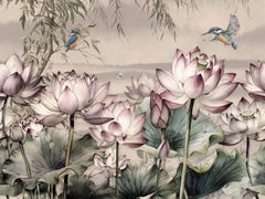 Tapet Personalizat Floral cu flori de lotus si pasari in zbor - LOTUS SEED PODS