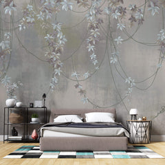 Tapet Personalizat Floral cu liane inflorite si fundal cu efect de plaster - FLOWER VINES