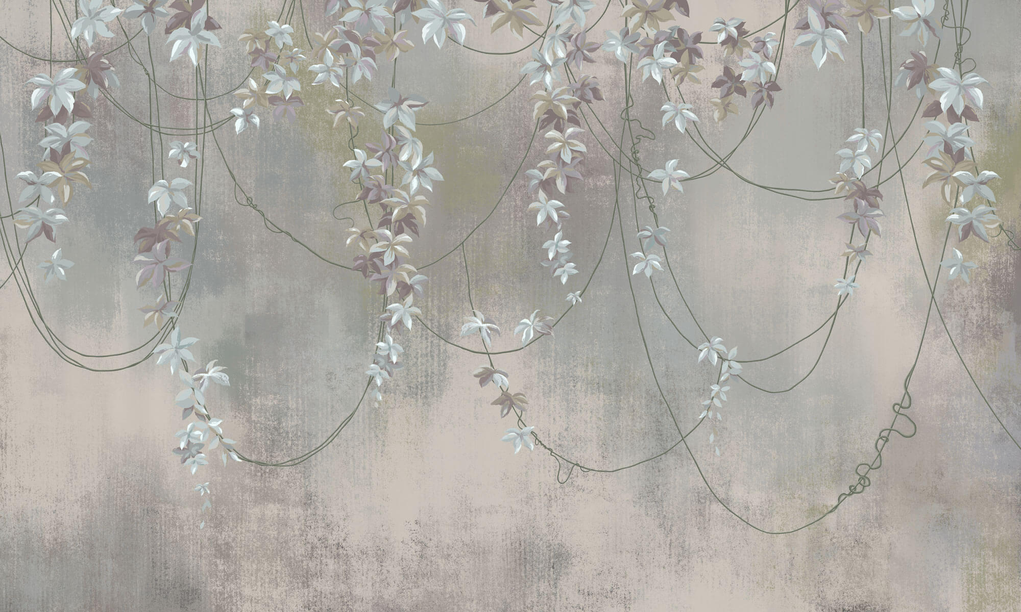 Tapet Personalizat Floral cu liane inflorite si fundal cu efect de plaster - FLOWER VINES