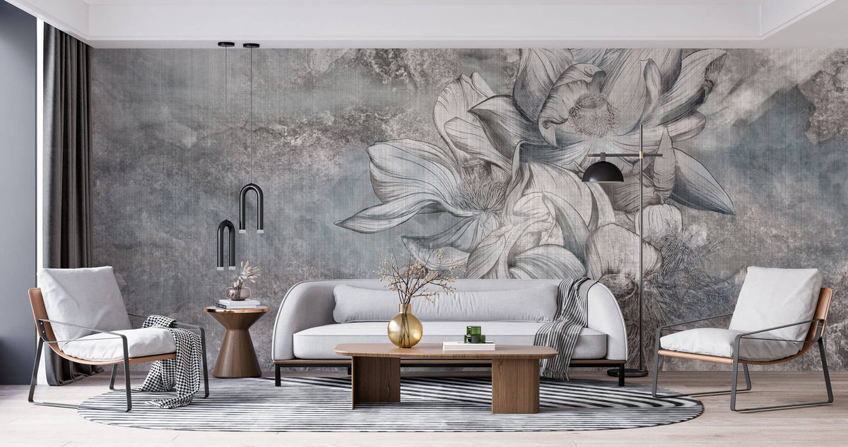 Tapet Personalizat Floral cu flori de lotus in nuante de albastru - TEXTURED LOTUS