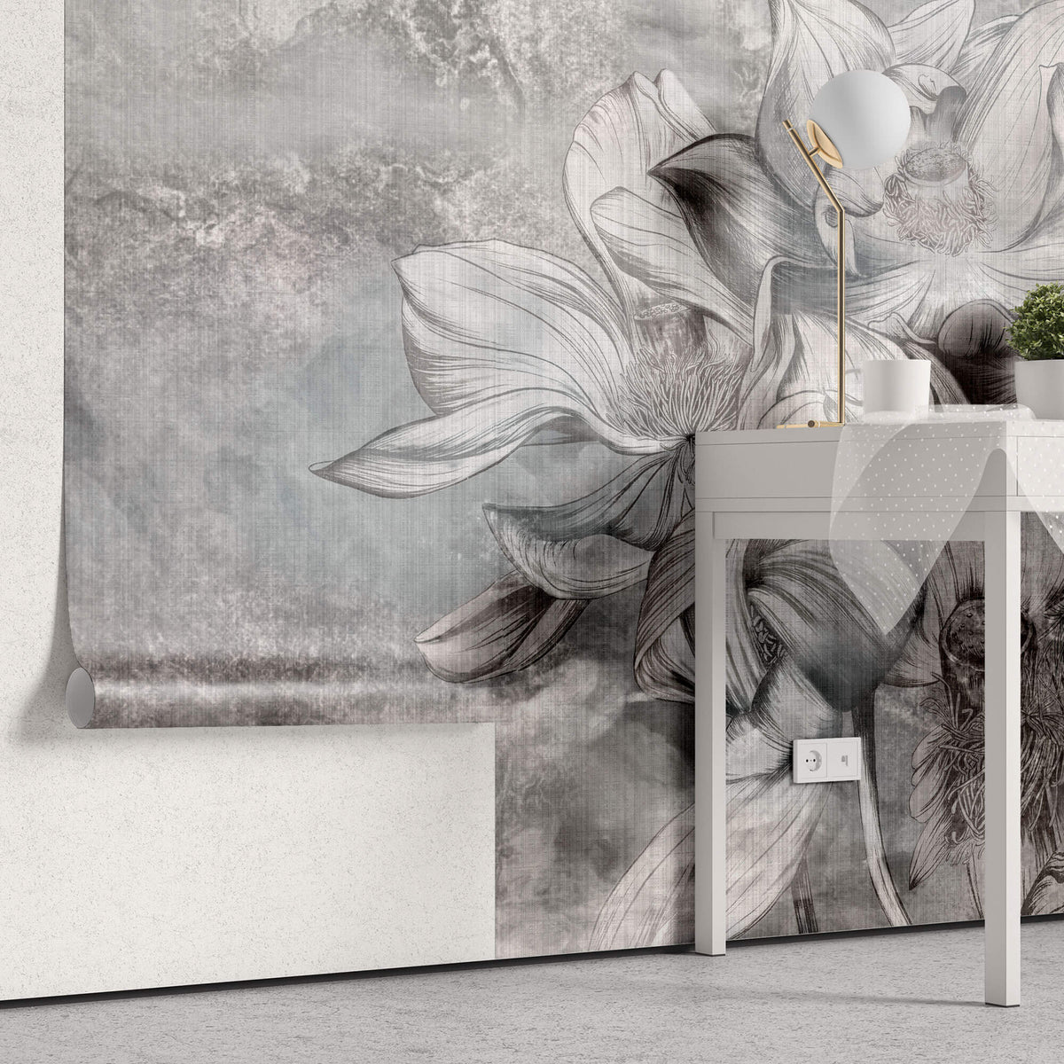 Tapet Personalizat Floral cu flori de lotus in nuante de albastru - TEXTURED LOTUS
