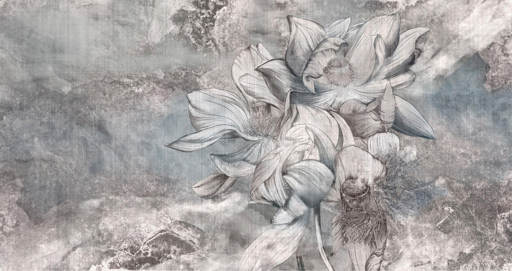 Tapet Personalizat Floral cu flori de lotus in nuante de albastru - TEXTURED LOTUS