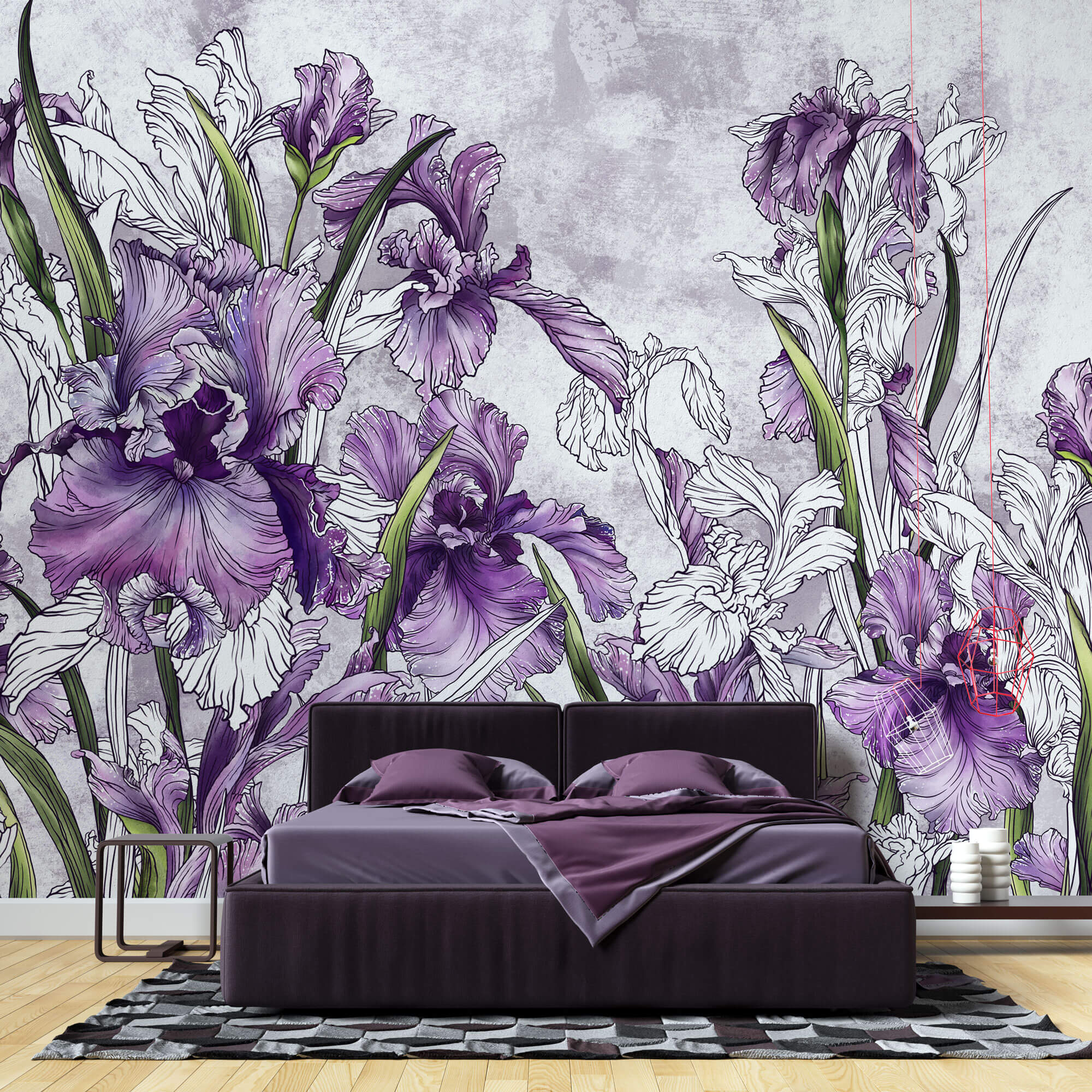 Tapet Personalizat Floral cu irisi mov pe un fundal cu efect de plaster - PURPLE IRISES