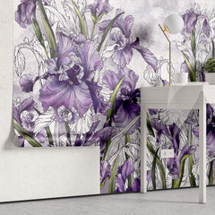 Tapet Personalizat Floral cu irisi mov pe un fundal cu efect de plaster - PURPLE IRISES